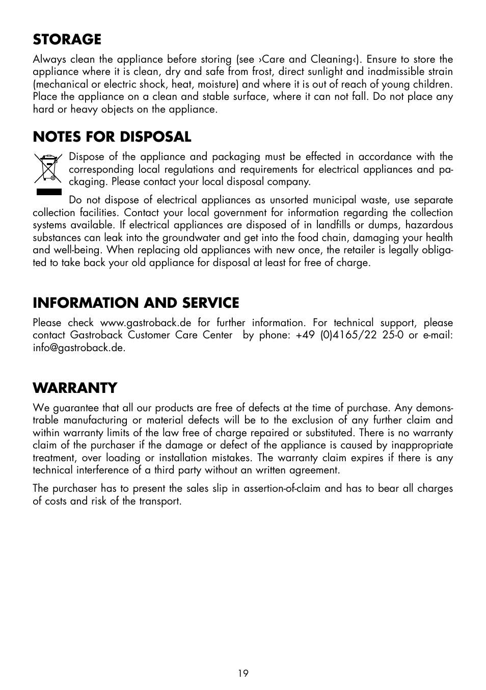 Storage, Information and service, Warranty | Gastroback 41404 Electric Sausage Cutter Automatic User Manual | Page 9 / 10