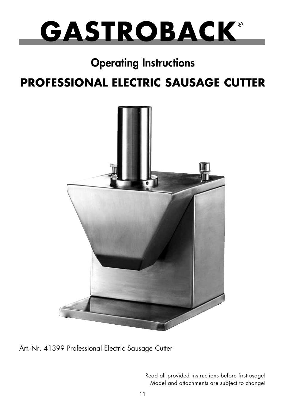 Gastroback 41399 Electric Sausage Slicer User Manual | 10 pages