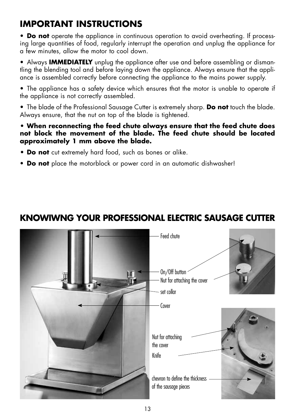 Important instructions, Knowiwng your professional electric sausage cutter | Gastroback 41399 Electric Sausage Slicer User Manual | Page 3 / 10