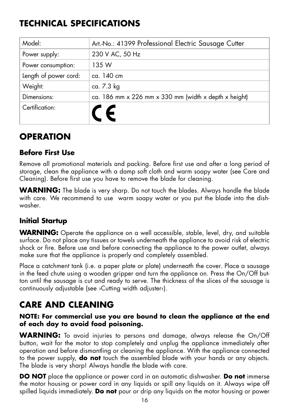 Technical specifications, Operation, Care and cleaning | Gastroback 41399 Electric Sausage Slicer User Manual | Page 6 / 10