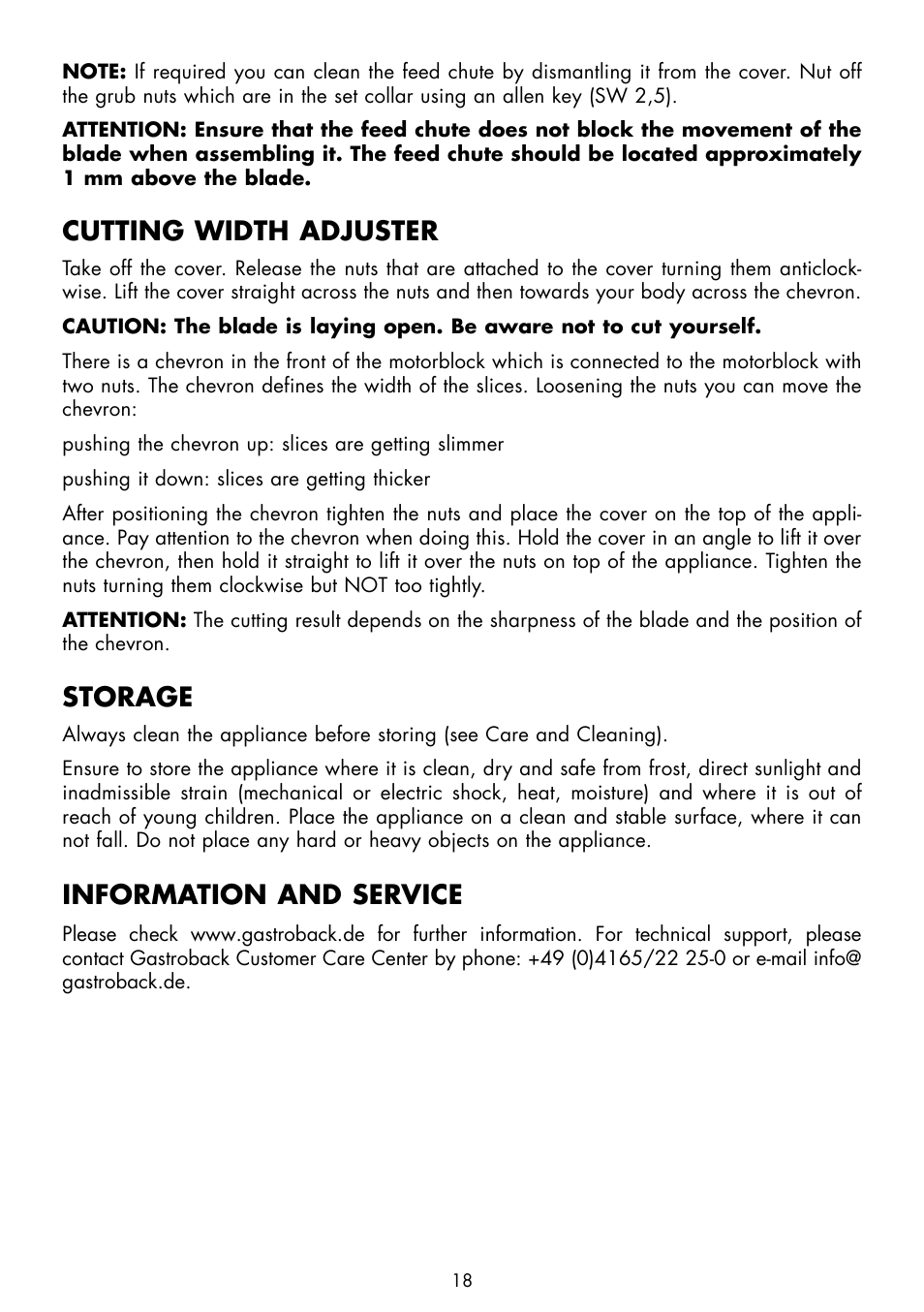 Cutting width adjuster, Storage, Information and service | Gastroback 41399 Electric Sausage Slicer User Manual | Page 8 / 10