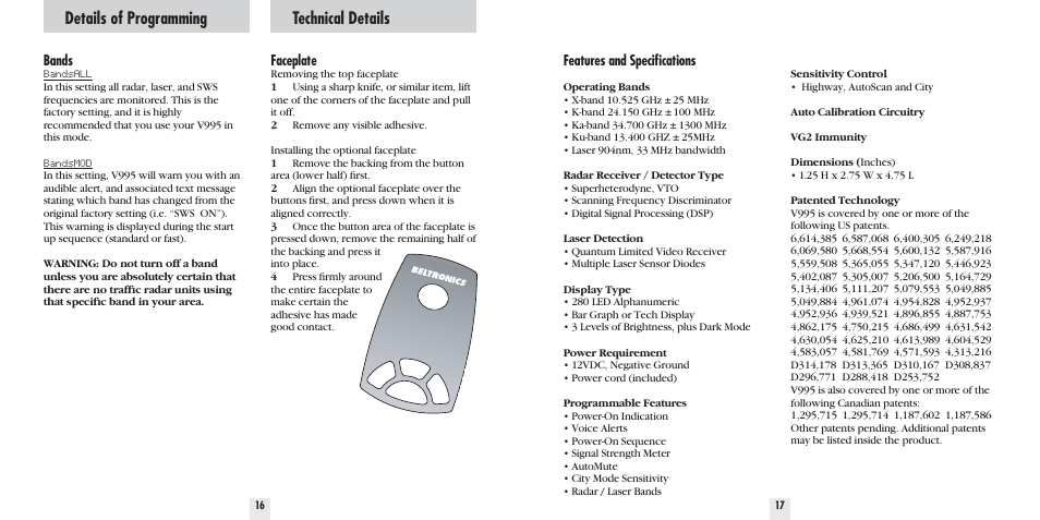 Details of programming, Technical details | Beltronics V995 User Manual | Page 10 / 16