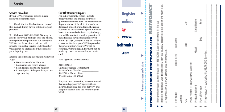 Service | Beltronics V995 User Manual | Page 15 / 16