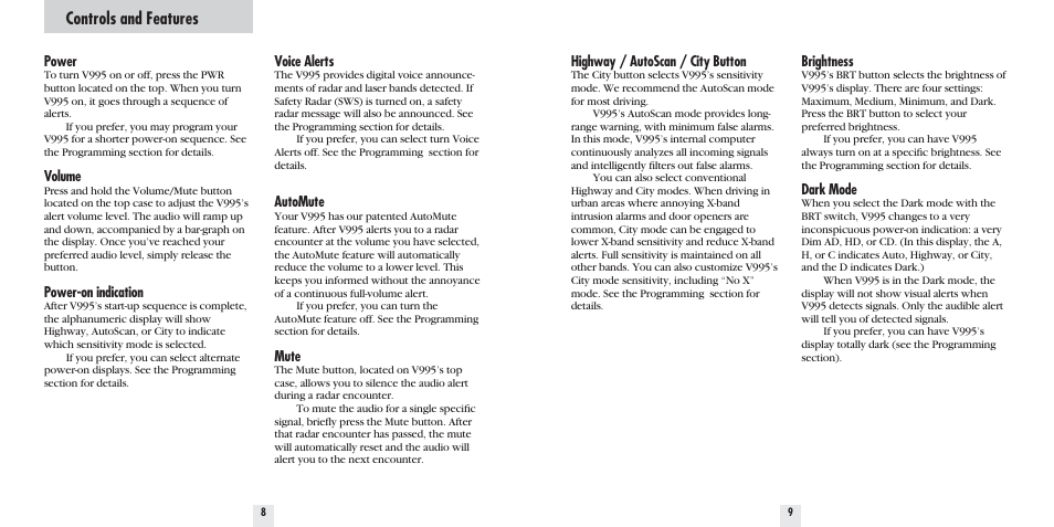 Controls and features | Beltronics V995 User Manual | Page 6 / 16