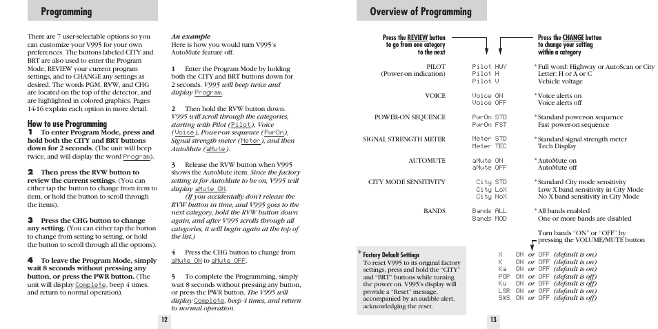 Programming, Overview of programming, How to use programming | Beltronics V995 User Manual | Page 8 / 16