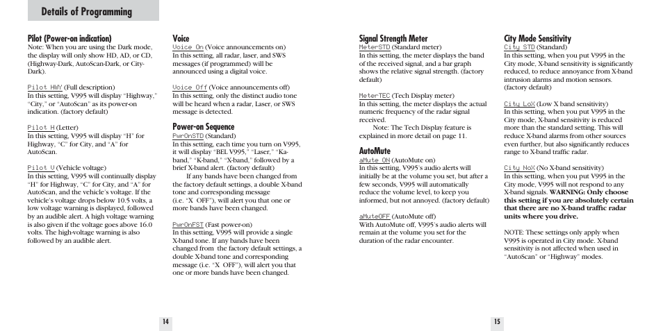 Details of programming | Beltronics V995 User Manual | Page 9 / 16