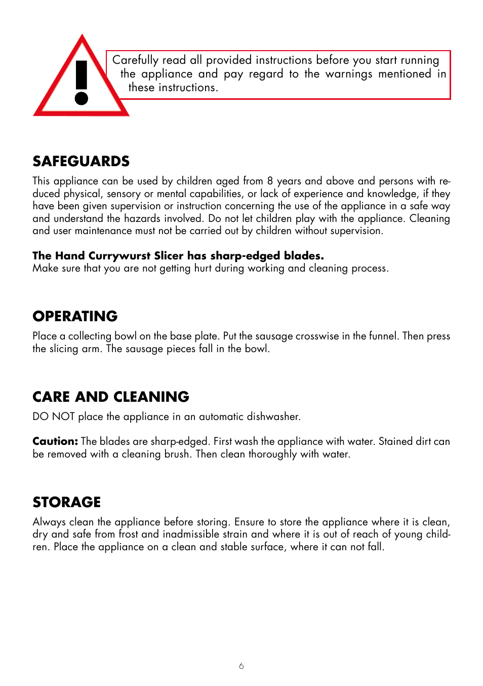 Safeguards, Operating, Care and cleaning | Storage | Gastroback 41397 Hand Currywurst Slicer User Manual | Page 2 / 4