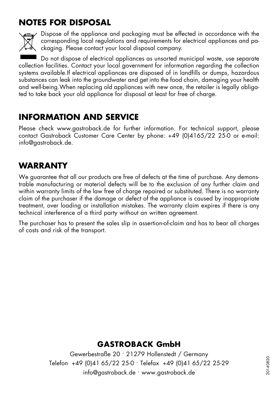 Information and service, Warranty | Gastroback 41397 Hand Currywurst Slicer User Manual | Page 4 / 4