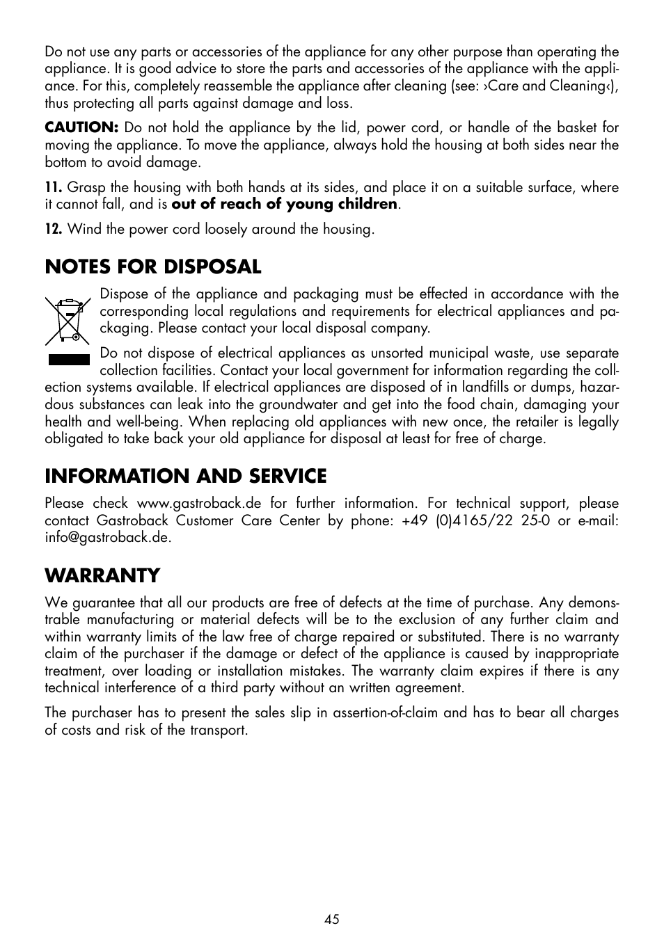 Information and service, Warranty | Gastroback 42580 Vita-Spin-Fryer User Manual | Page 21 / 23