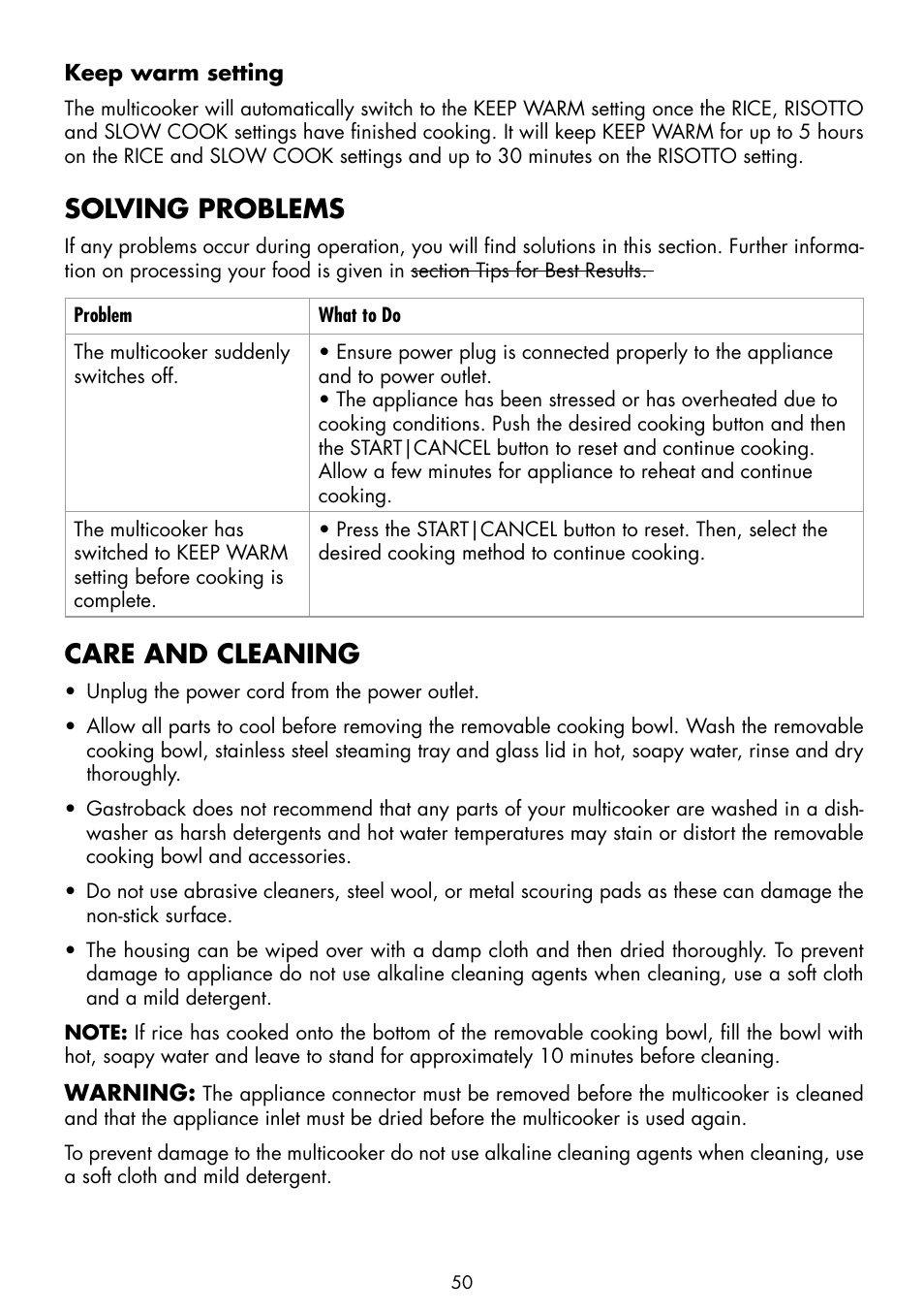Solving problems, Care and cleaning | Gastroback 42538 Design Multicooker Advanced User Manual | Page 18 / 30