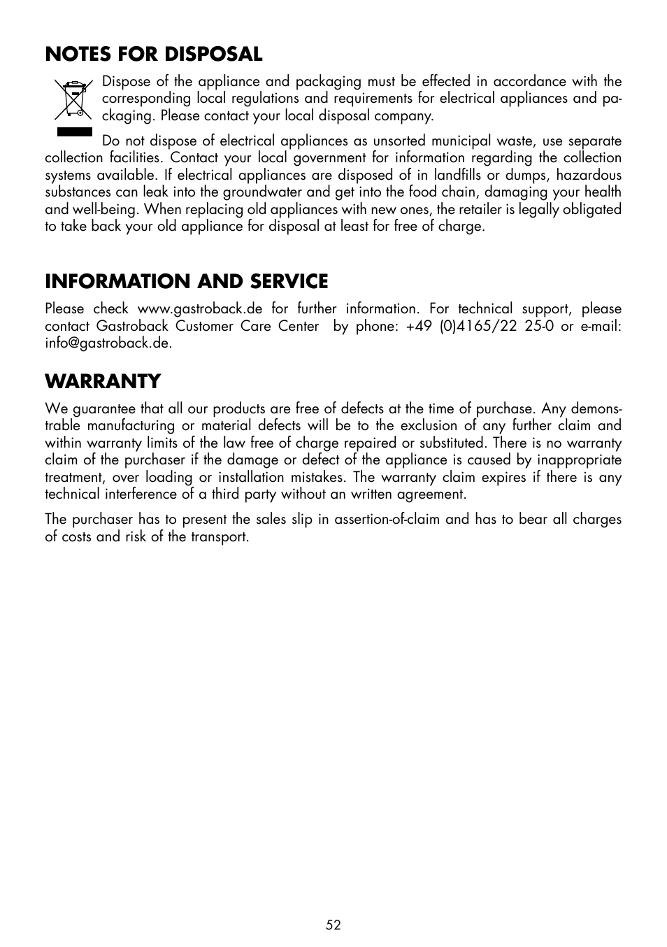 Information and service, Warranty | Gastroback 42538 Design Multicooker Advanced User Manual | Page 20 / 30