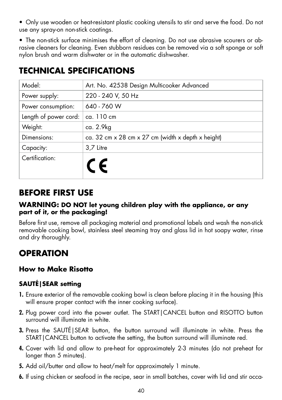 Technical specifications, Before first use, Operation | Gastroback 42538 Design Multicooker Advanced User Manual | Page 8 / 30