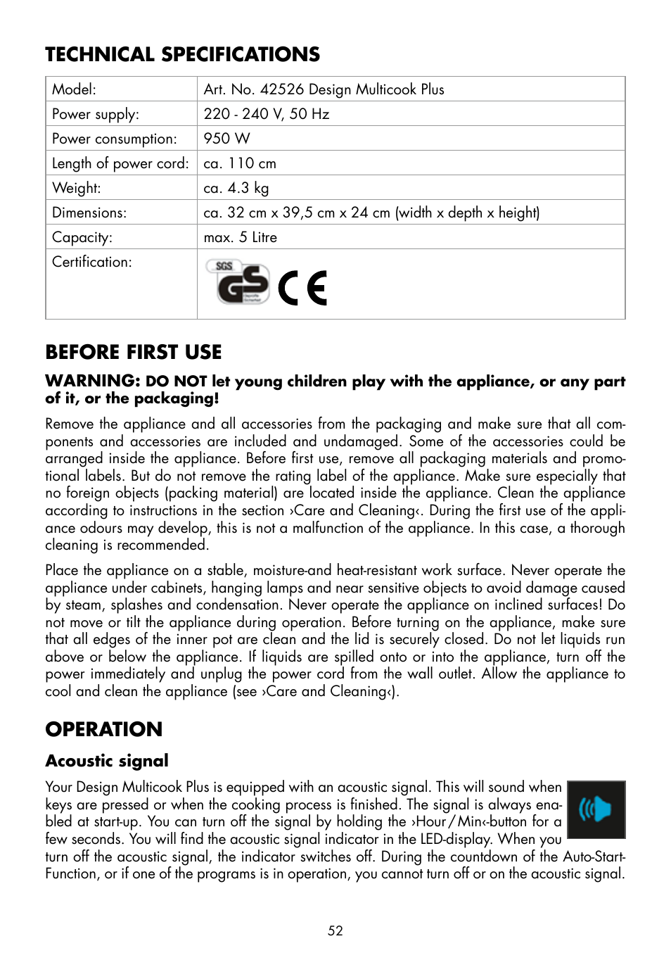 Technical specifications, Before first use, Operation | Gastroback 42526 Design Multicook Plus User Manual | Page 10 / 38