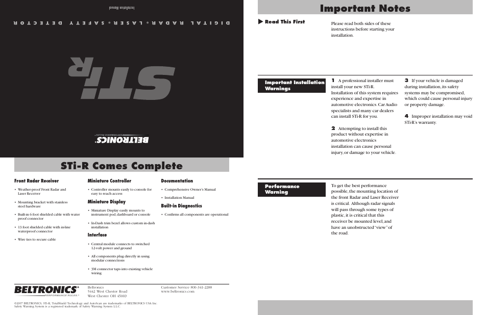 Beltronics Sti r Plus User Manual | 2 pages