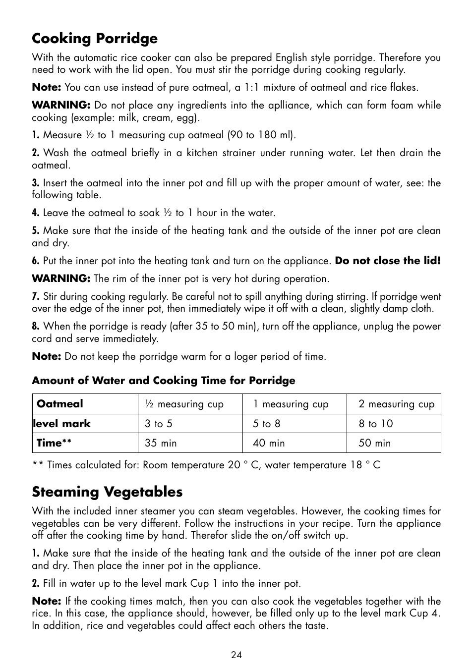 Cooking porridge, Steaming vegetables | Gastroback 42518 Design Rice Cooker Pro User Manual | Page 10 / 14