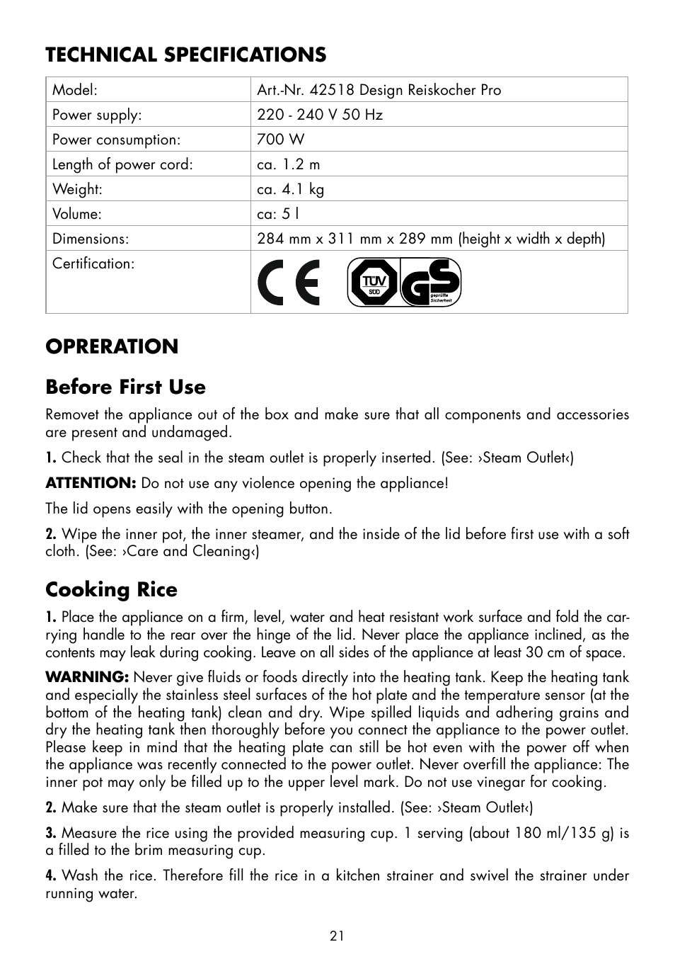 Technical specifications, Opreration before first use, Cooking rice | Gastroback 42518 Design Rice Cooker Pro User Manual | Page 7 / 14