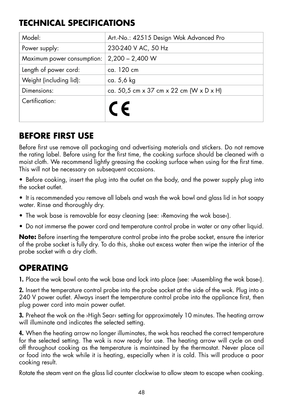 Technical specifications, Before first use, Operating | Gastroback 42515 Design Wok Advanced Pro User Manual | Page 10 / 34
