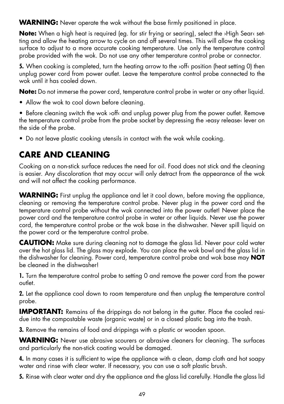 Care and cleaning | Gastroback 42515 Design Wok Advanced Pro User Manual | Page 11 / 34