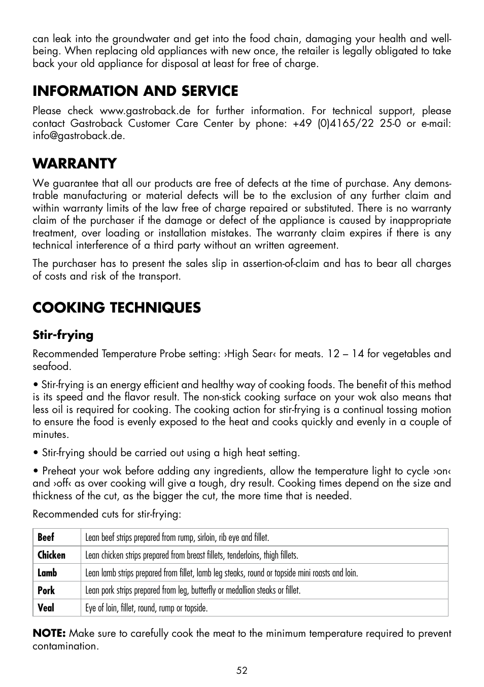 Information and service, Warranty, Cooking techniques | Gastroback 42515 Design Wok Advanced Pro User Manual | Page 14 / 34