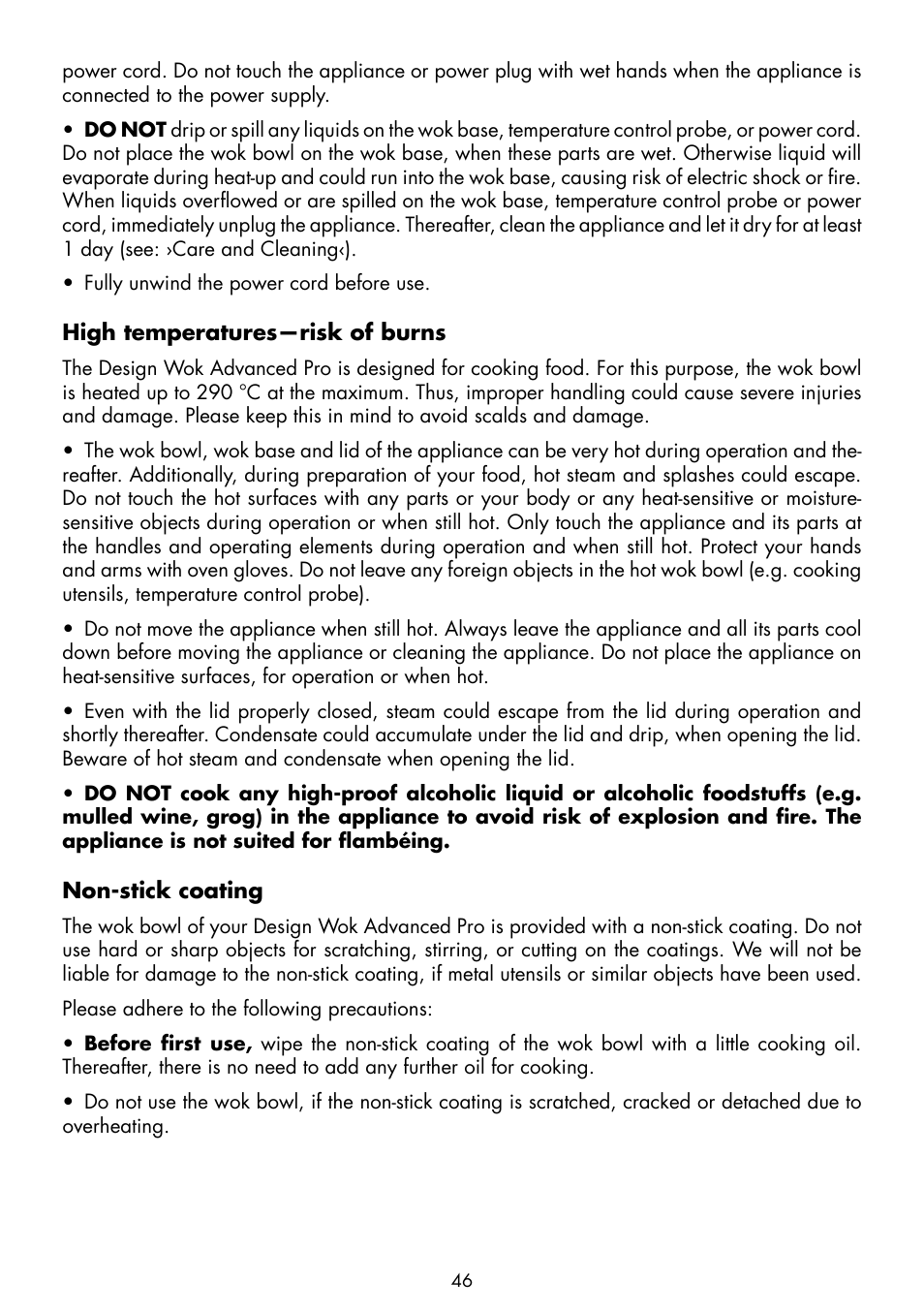 High temperatures—risk of burns, Non-stick coating | Gastroback 42515 Design Wok Advanced Pro User Manual | Page 8 / 34