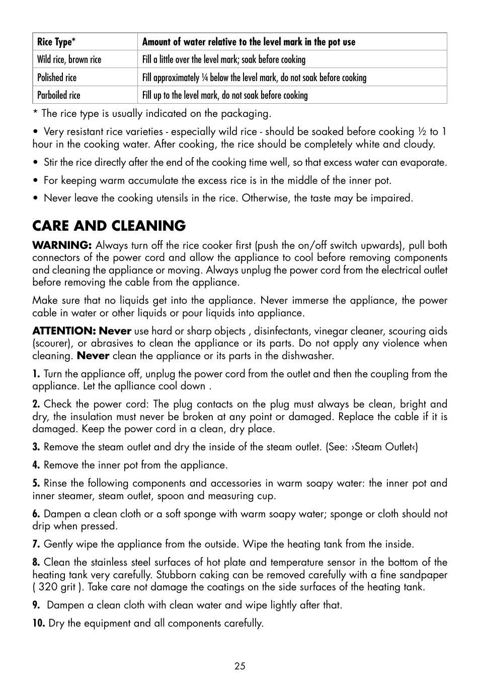 Care and cleaning | Gastroback 42507 Design Rice Cooker User Manual | Page 11 / 14