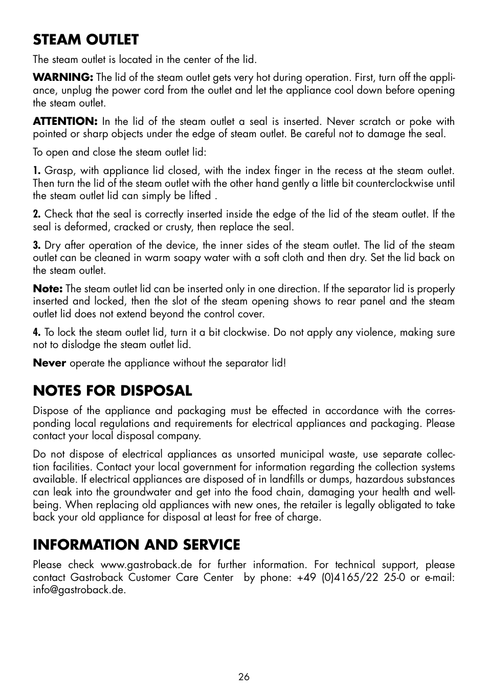Steam outlet, Information and service | Gastroback 42507 Design Rice Cooker User Manual | Page 12 / 14