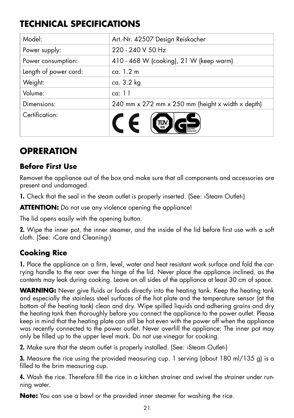 Technical specifications, Opreration | Gastroback 42507 Design Rice Cooker User Manual | Page 7 / 14