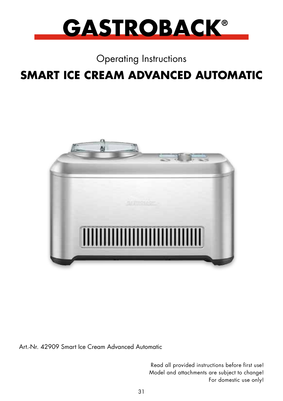 Gastroback 42909 Smart Ice Cream Advanced Automatic User Manual | 28 pages