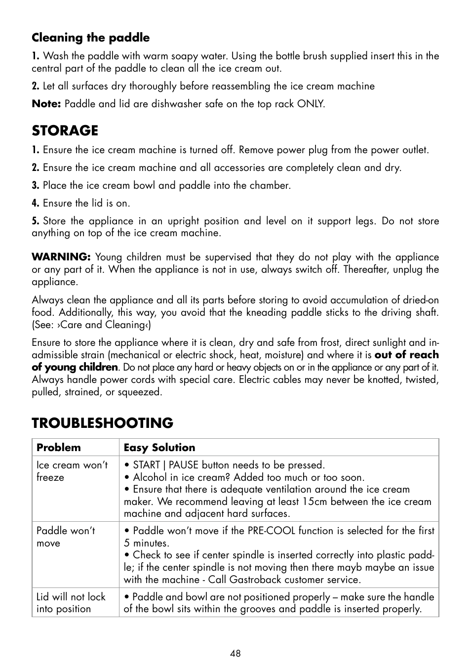 Storage, Troubleshooting | Gastroback 42909 Smart Ice Cream Advanced Automatic User Manual | Page 18 / 28