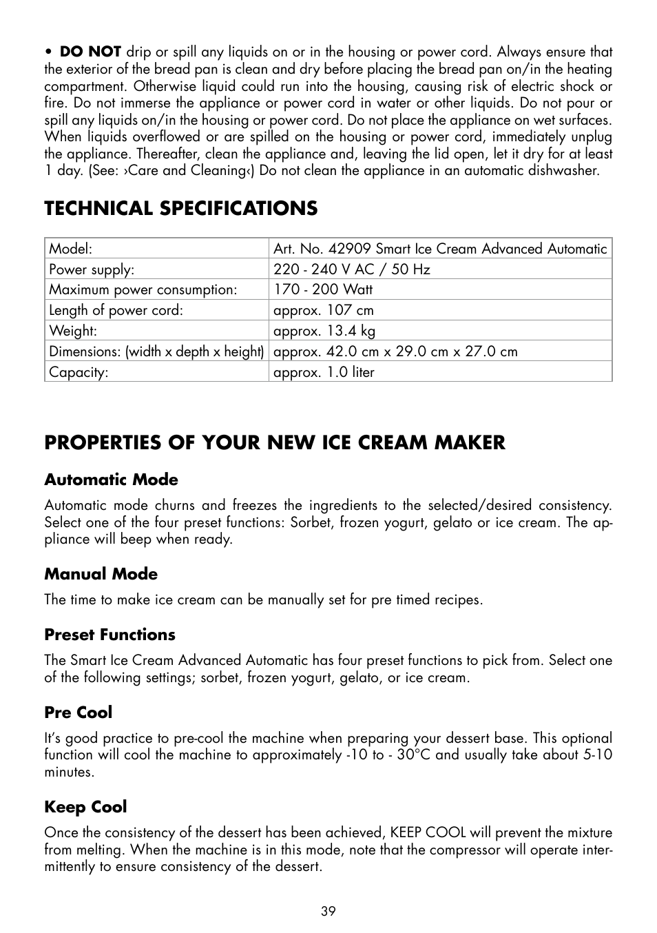 Technical specifications, Properties of your new ice cream maker | Gastroback 42909 Smart Ice Cream Advanced Automatic User Manual | Page 9 / 28