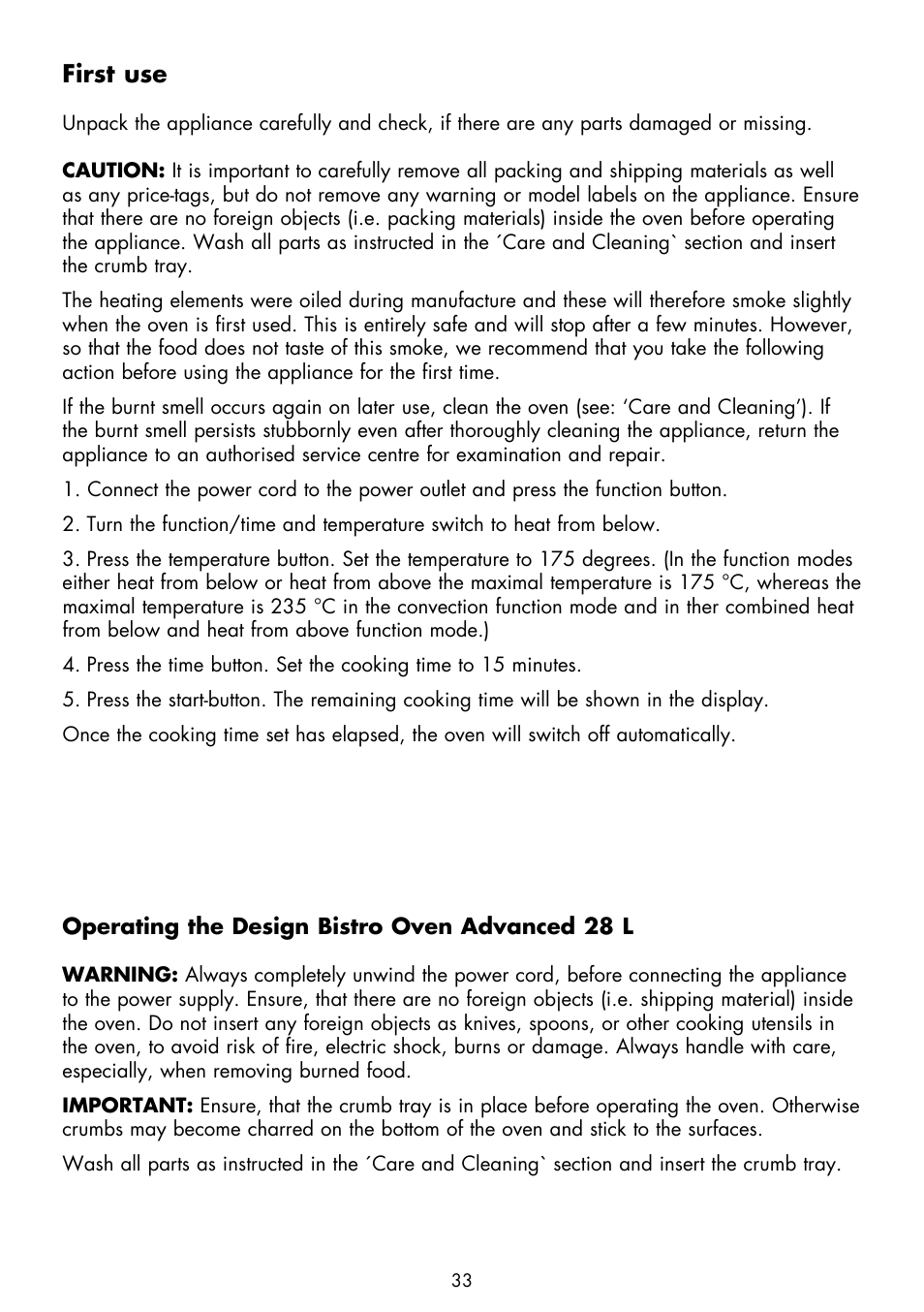 First use | Gastroback 42812 Design Bistro Oven Advanced 28L User Manual | Page 9 / 22