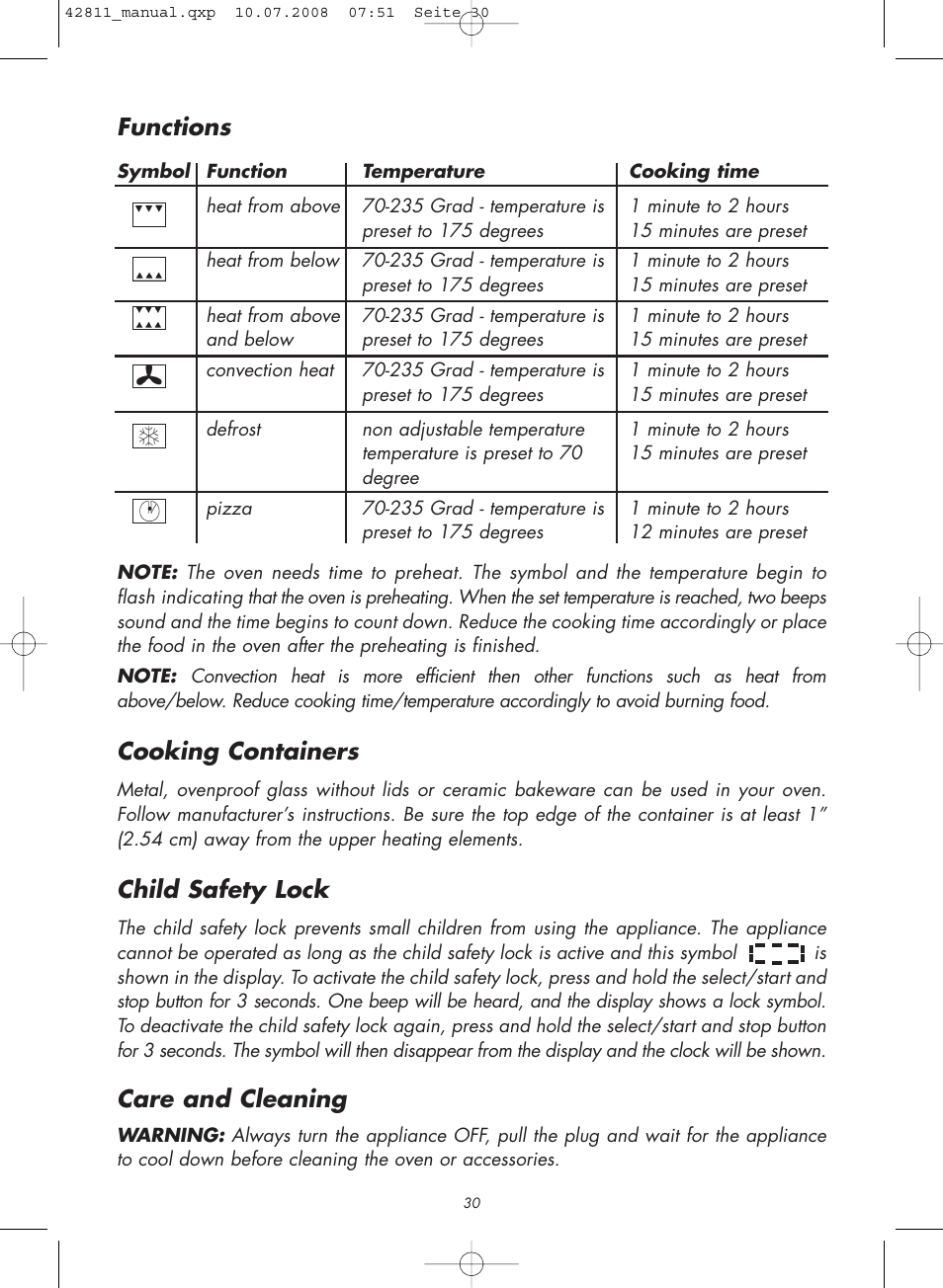 Functions, Cooking containers, Child safety lock | Care and cleaning | Gastroback 42811 Design Bistro Oven Pro 18L User Manual | Page 10 / 20