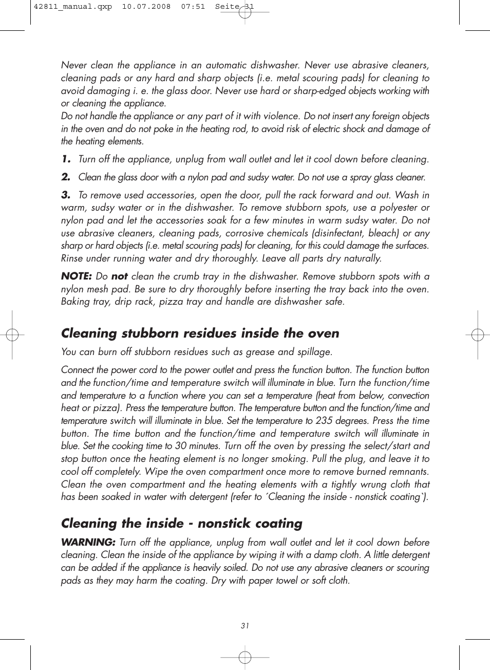 Cleaning stubborn residues inside the oven, Cleaning the inside - nonstick coating | Gastroback 42811 Design Bistro Oven Pro 18L User Manual | Page 11 / 20