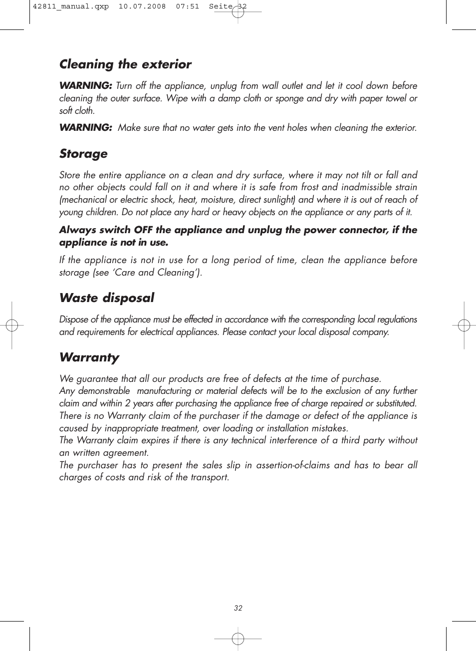 Cleaning the exterior, Storage, Waste disposal | Warranty | Gastroback 42811 Design Bistro Oven Pro 18L User Manual | Page 12 / 20