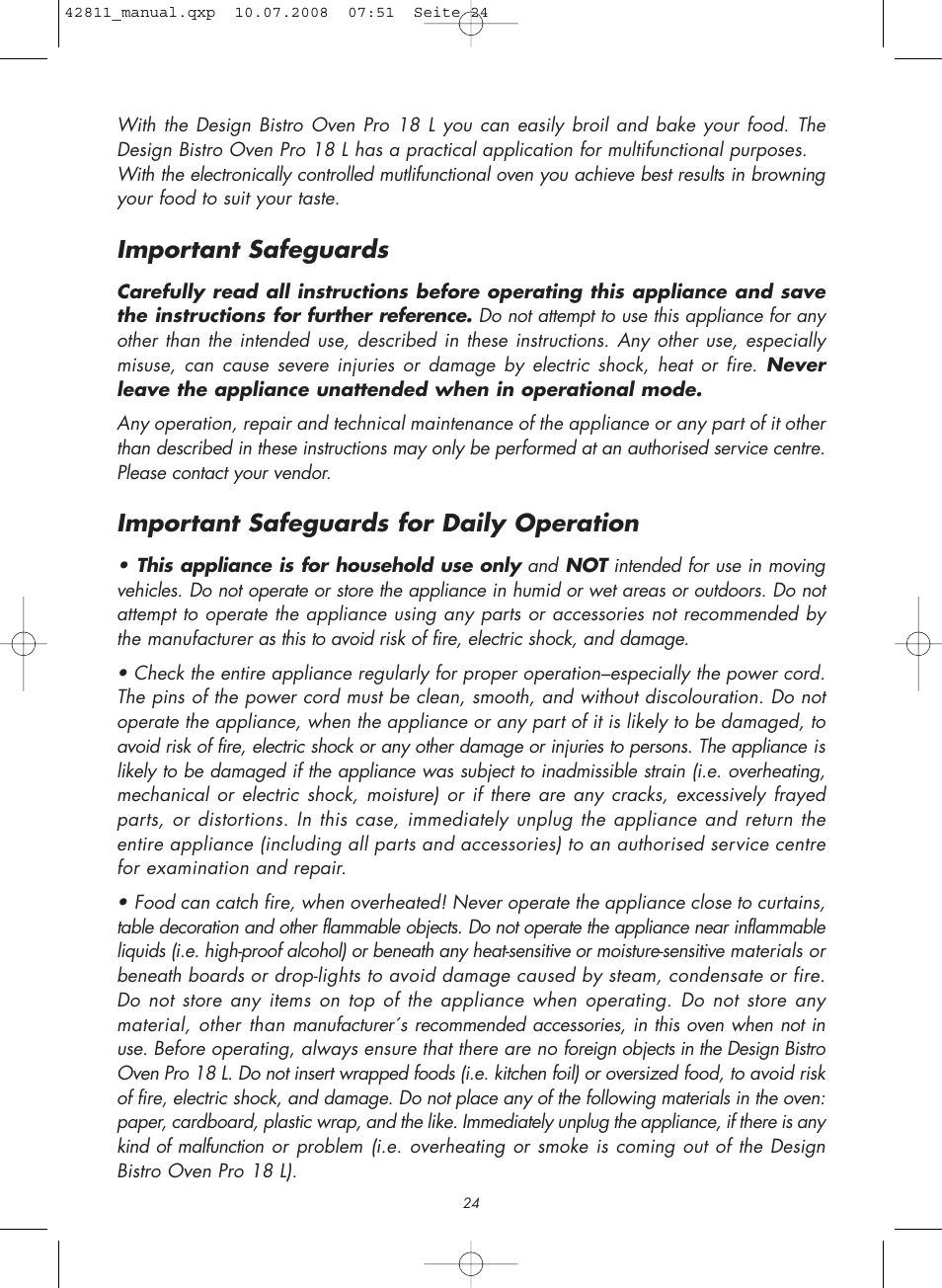 Important safeguards, Important safeguards for daily operation | Gastroback 42811 Design Bistro Oven Pro 18L User Manual | Page 4 / 20