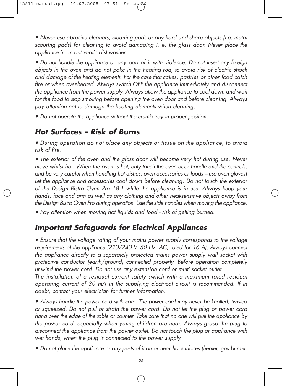 Hot surfaces – risk of burns, Important safeguards for electrical appliances | Gastroback 42811 Design Bistro Oven Pro 18L User Manual | Page 6 / 20