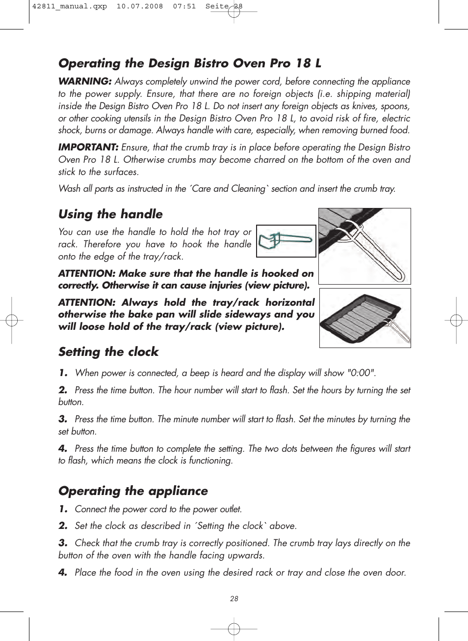 Operating the design bistro oven pro 18 l, Using the handle, Setting the clock | Operating the appliance | Gastroback 42811 Design Bistro Oven Pro 18L User Manual | Page 8 / 20