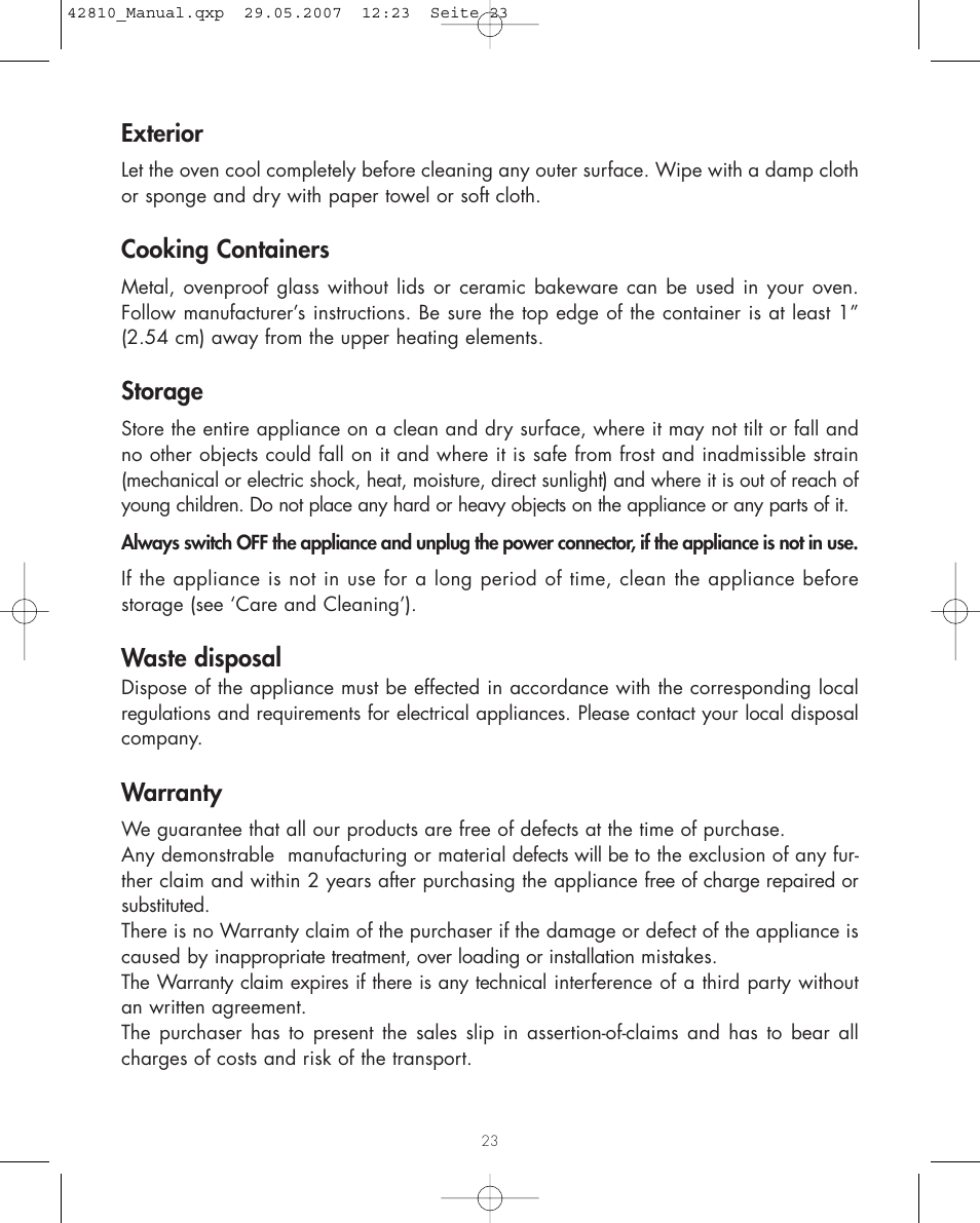 Exterior, Cooking containers, Storage | Waste disposal, Warranty | Gastroback 42810 Design Bistro Oven User Manual | Page 10 / 11