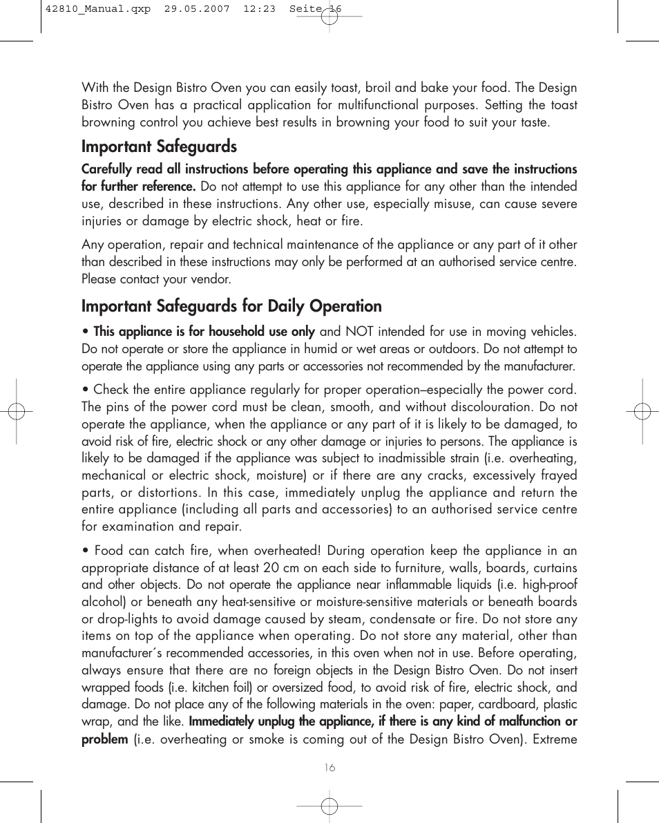 Important safeguards, Important safeguards for daily operation | Gastroback 42810 Design Bistro Oven User Manual | Page 3 / 11