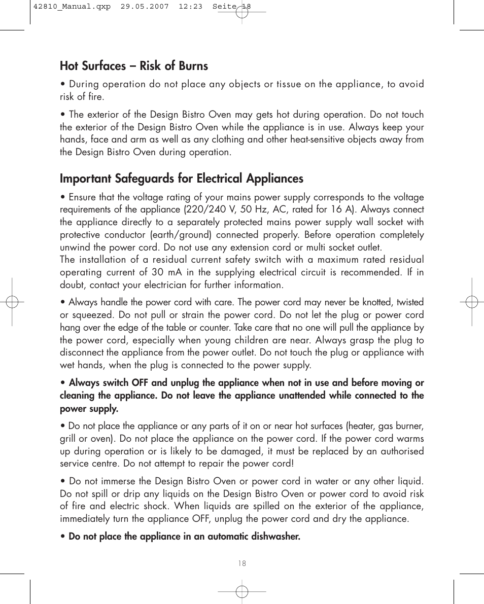 Hot surfaces – risk of burns, Important safeguards for electrical appliances | Gastroback 42810 Design Bistro Oven User Manual | Page 5 / 11