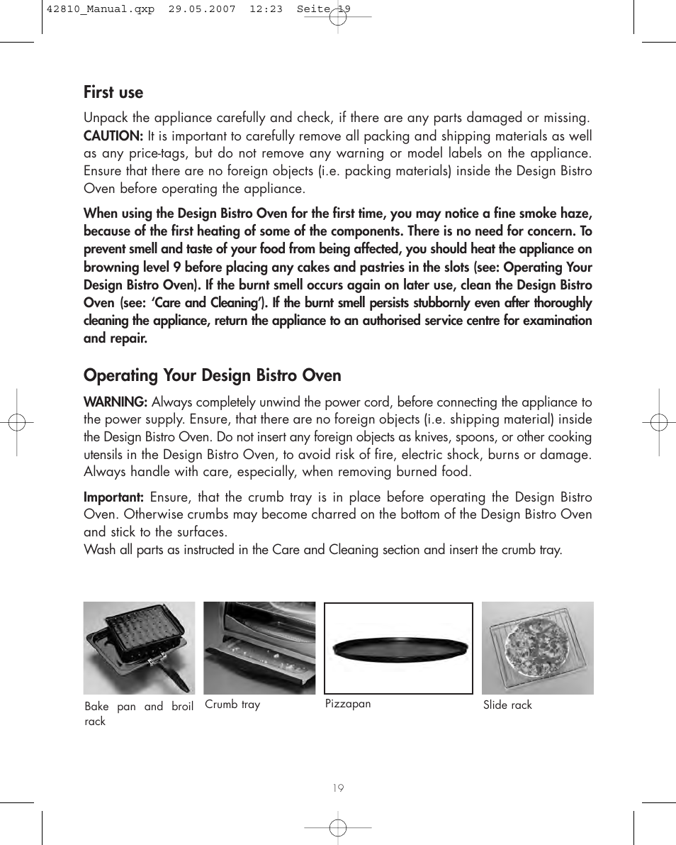 First use, Operating your design bistro oven | Gastroback 42810 Design Bistro Oven User Manual | Page 6 / 11