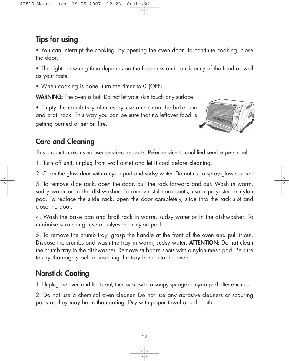 Tips for using, Care and cleaning, Nonstick coating | Gastroback 42810 Design Bistro Oven User Manual | Page 9 / 11