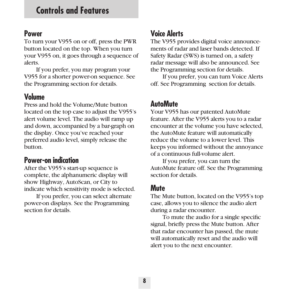 Controls and features, Power, Volume | Power-on indication, Voice alerts, Automute, Mute | Beltronics Vector 955 User Manual | Page 10 / 31