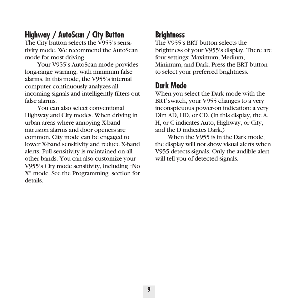 Highway / autoscan / city button, Brightness, Dark mode | Beltronics Vector 955 User Manual | Page 11 / 31