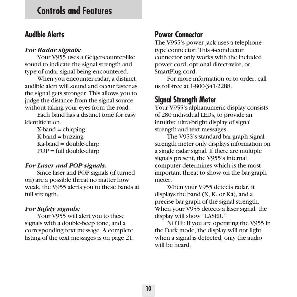 Controls and features, Power connector, Signal strength meter | Audible alerts | Beltronics Vector 955 User Manual | Page 12 / 31