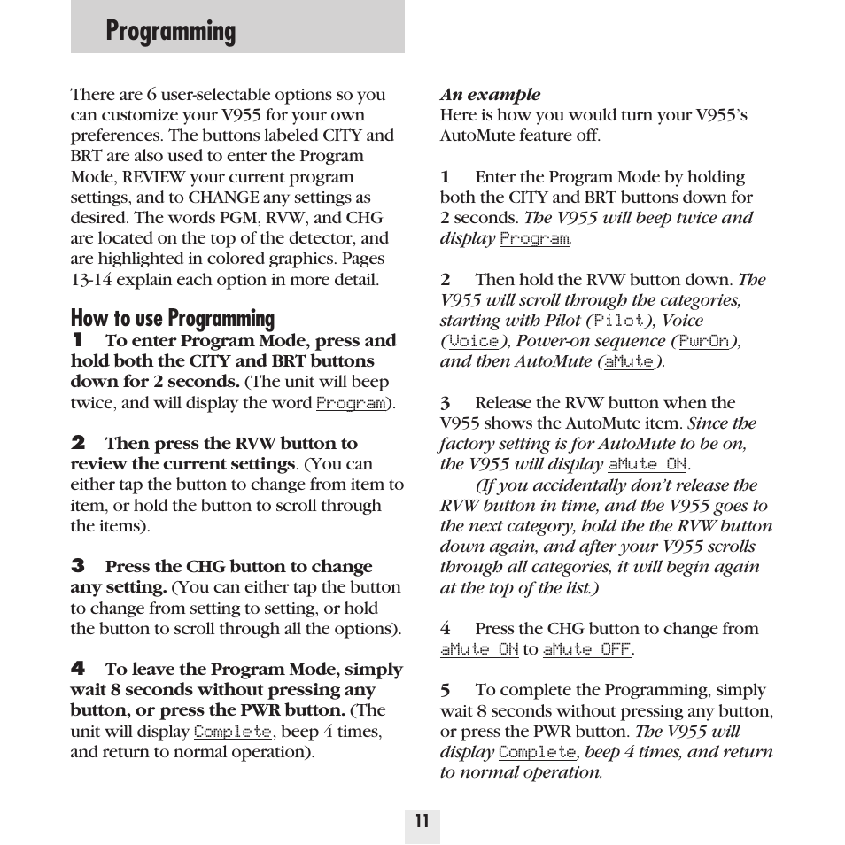 Programming, How to use programming | Beltronics Vector 955 User Manual | Page 13 / 31