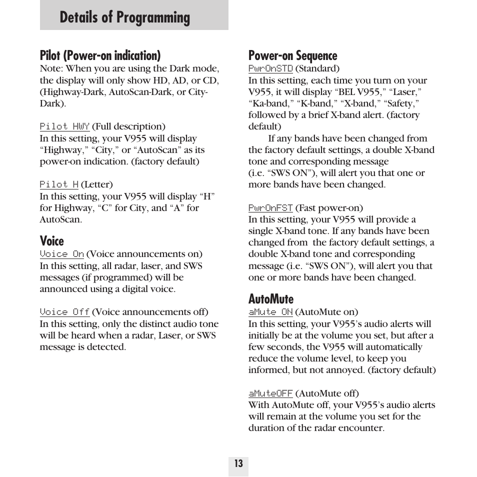 Details of programming, Pilot (power-on indication), Voice | Power-on sequence, Automute | Beltronics Vector 955 User Manual | Page 15 / 31