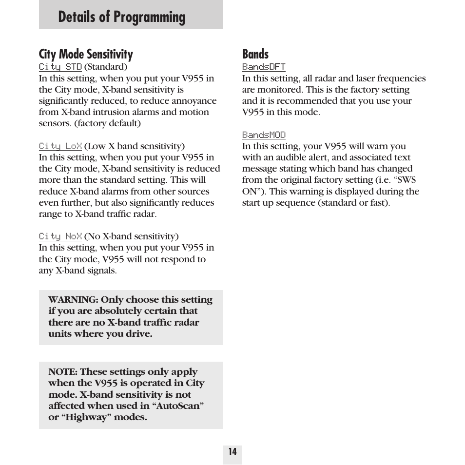 Details of programming, City mode sensitivity, Bands | Beltronics Vector 955 User Manual | Page 16 / 31