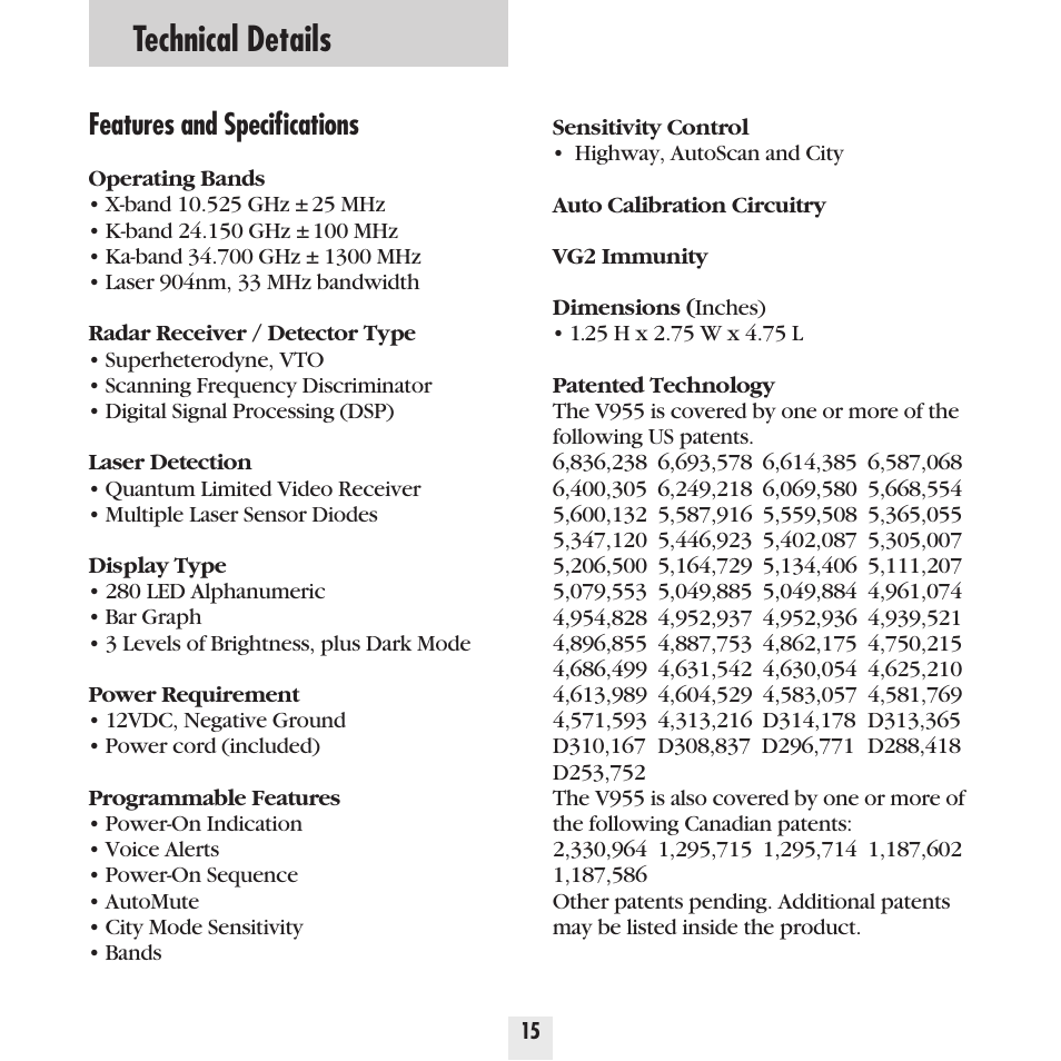 Technical details, Features and specifications | Beltronics Vector 955 User Manual | Page 17 / 31