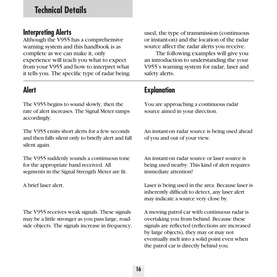 Technical details, Interpreting alerts, Explanation | Alert | Beltronics Vector 955 User Manual | Page 18 / 31